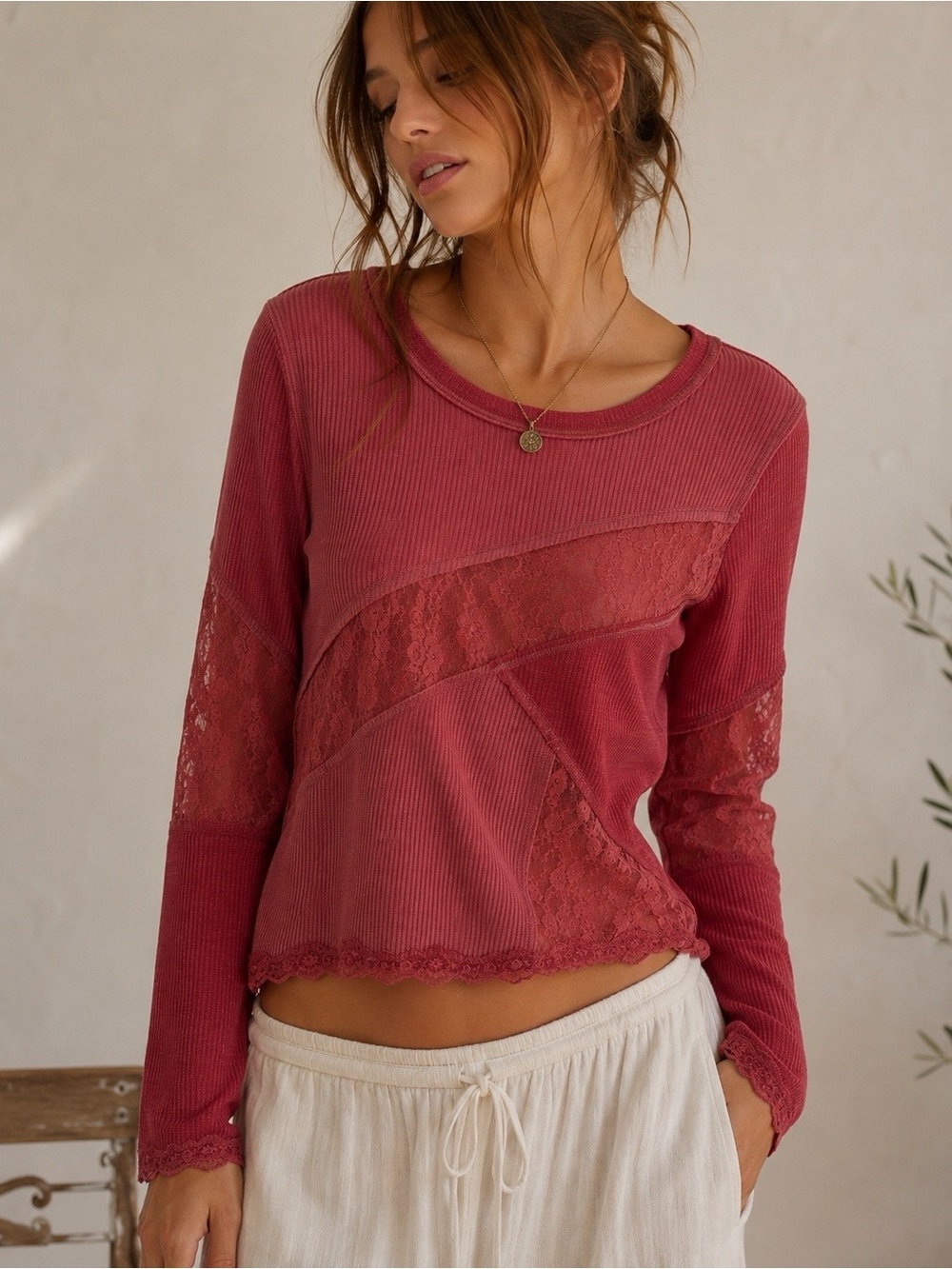 POL Lace Thermal Long Sleeve Top M